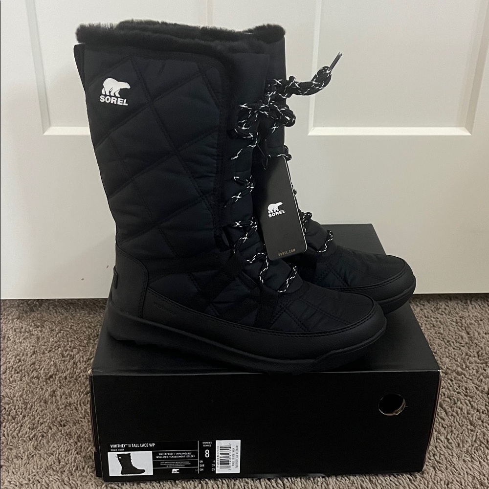 Sorel Women's Whitney Tall Lace Up Black Quilted Boots - Size 8